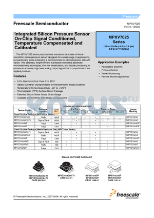 MPXV7025 datasheet - Integrated Silicon Pressure Sensor On-Chip SIgnal Conditioned, Temperature Compensated and Calibrated