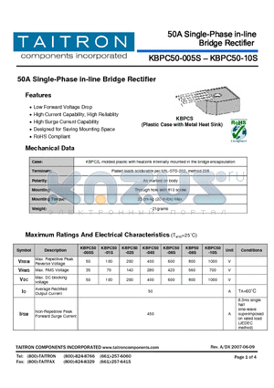 KBPC50-04S datasheet - 50A Single-Phase in-line Bridge Rectifier