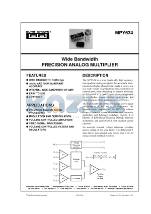 MPY634KP datasheet - Wide Bandwidth PRECISION ANALOG MULTIPLIER