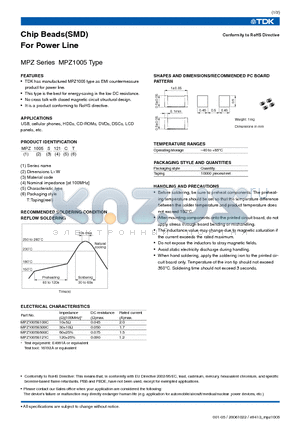 MPZ1005S121CT datasheet - Chip Beads(SMD) For Power Line