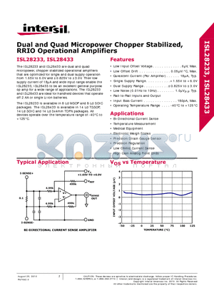 ISL28433FVZ-T7A datasheet - Dual and Quad Micropower Chopper Stabilized, RRIO Operational Amplifiers