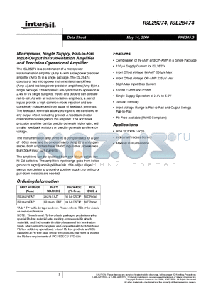ISL28474 datasheet - Micropower, Single Supply, Rail-to-Rail Input-Output Instrumentation Amplifier and Precision Operational Amplifier