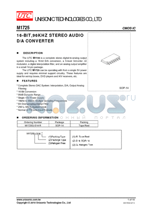 M1725 datasheet - 16-BIT,96KHZ STEREO AUDIO D/A CONVERTER