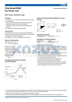 MPZ2012S101A datasheet - Chip Beads(SMD) For Power Line