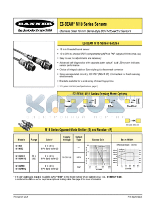 M186EQ datasheet - Stainless Steel 18 mm Barrel-style DC Photoelectric Sensors
