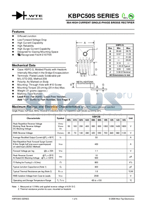KBPC5001S datasheet - 50A HIGH CURRENT SINGLE-PHASE BRIDGE RECTIFIER