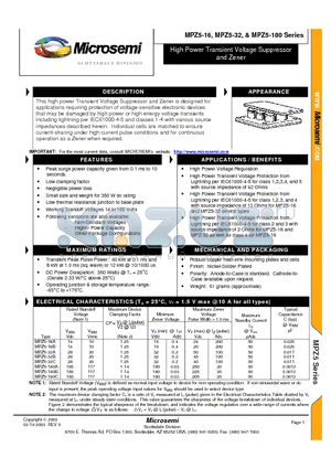 MPZ5-180C datasheet - High Power Transient Voltage Suppressor and Zener