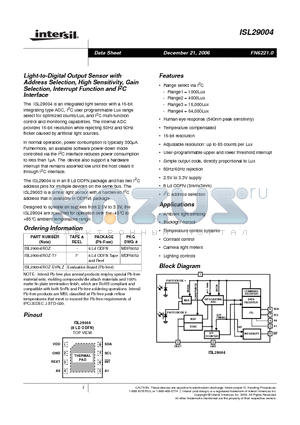 ISL29004 datasheet - Light-to-Digital Output Sensor with Address Selection, High Sensitivity, Gain Selection, Interrupt Function and I2C Interface