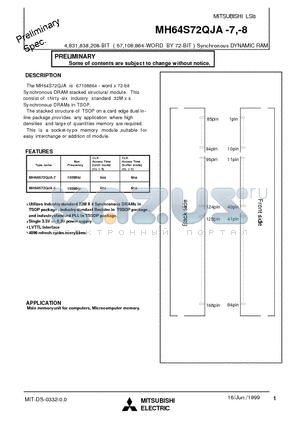 MH64S72QJA-7 datasheet - 4,831,838,208-BIT ( 67,108,864-WORD BY 72-BIT ) Synchronous DYNAMIC RAM