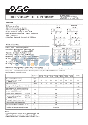 KBPC5002W datasheet - CURRENT 50.0 Amperes VOLTAGE 50 to 1000 Volts