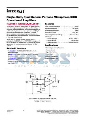 ISL28414FVZ datasheet - Single, Dual, Quad General Purpose Micropower, RRIO Operational Amplifiers