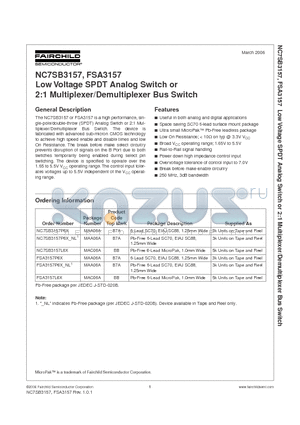 NC7SB3157 datasheet - TinyLogic. Low Voltage UHS Analog Switch 2-Channel Multiplexer/Demultiplexer