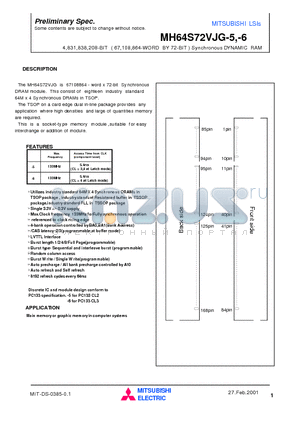 MH64S72VJG-6 datasheet - 4,831,838,208-BIT ( 67,108,864-WORD BY 72-BIT ) Synchronous DYNAMIC RAM