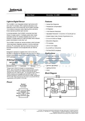 ISL29001IROZ-T7 datasheet - Light-to-Digital Sensor