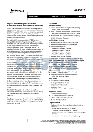 ISL29011IROZ-T7 datasheet - Digital Ambient Light Sensor and Proximity Sensor with Interrupt Function