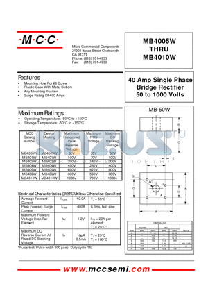 MB404W datasheet - 40 Amp Single Phase Bridge Rectifier 50 to 1000 Volts