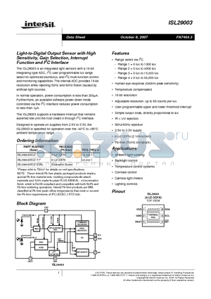 ISL29003IROZ-T7 datasheet - Light-to-Digital Output Sensor with High Sensitivity, Gain Selection, Interrupt Function and I2C Interface