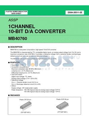 MB40760 datasheet - 1CHANNEL 10-BIT D/A CONVERTER