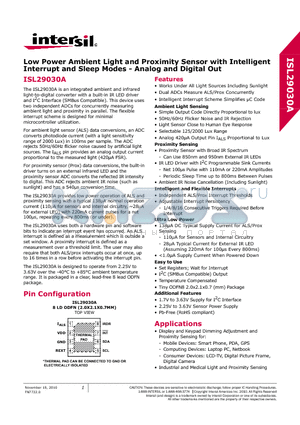 ISL29030A datasheet - Low Power Ambient Light and Proximity Sensor with Intelligent Interrupt