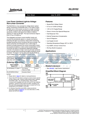 ISL29102IROZ-T7 datasheet - Low Power Ambient Light-to-Voltage Non-Linear Converter
