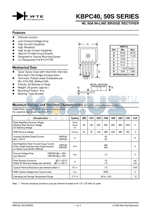 KBPC5008S datasheet - 40,50A IN-LINE BRIDGE RECTIFIER