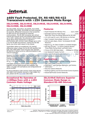 ISL31492EIUZ datasheet - a60V Fault Protected, 5V, RS-485/RS-422 Transceivers with a25V Common Mode Range
