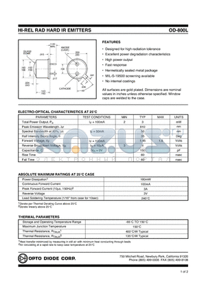 OD-800L datasheet - HI-REL RAD HARD IR EMITTERS