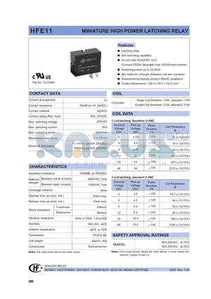 HFE11-3/12-HLTXXX datasheet - MINIATURE HIGH POWER LATCHING RELAY