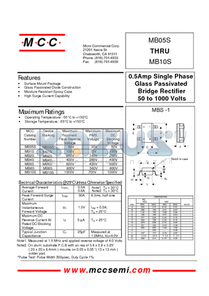 MB4S datasheet - 0.5Amp Single Phase Glass Passivated Bridge Rectifier 50 to 1000 Volts