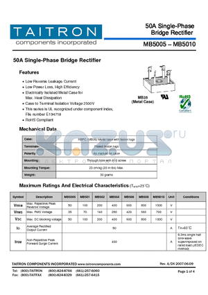 MB5005 datasheet - 50A Single-Phase Bridge Rectifier