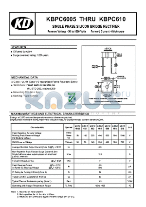 KBPC6005 datasheet - SINGLE PHASE SILICON BRIDGE RECTIFIER