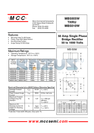 MB504W datasheet - 50 Amp Single Phase Bridge Rectifier 50 to 1000 Volts