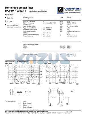 MQF10.7-0300 datasheet - Monolithic crystal filter