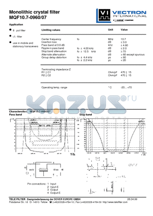 MQF10.7-0960-07 datasheet - Monolithic crystal filter