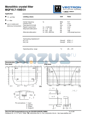 MQF10.7-1500-31 datasheet - Monolithic crystal filter