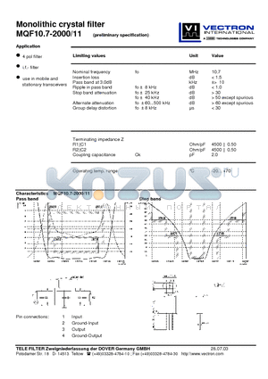 MQF10.7-2000-11 datasheet - Monolithic crystal filter