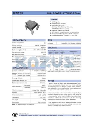 HFE25-A/24-2HT2XXX datasheet - HIGH POWER LATCHING RELAY