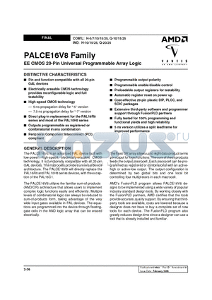 PALCE16V8H-20PC4 datasheet - EE CMOS 20-Pin Universal Programmable Array Logic