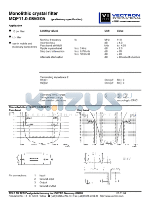 MQF11.0-0850-05 datasheet - Monolithic crystal filter