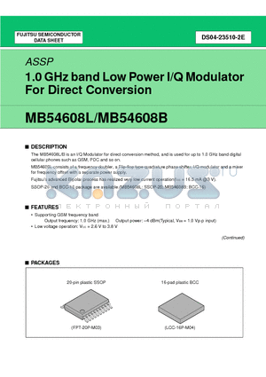 MB54608L datasheet - 1.0 GHz band Low Power I/Q Modulator For Direct Conversion