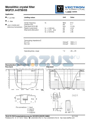 MQF21.4-0750-03 datasheet - Monolithic crystal filter