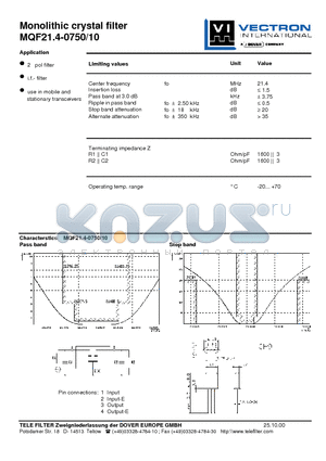 MQF21.4-0750-10 datasheet - Monolithic crystal filter