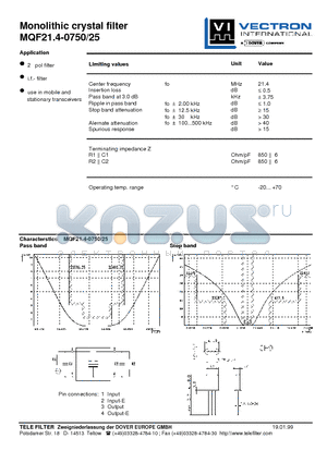 MQF21.4-0750-25 datasheet - Monolithic crystal filter