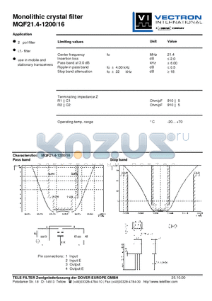 MQF21.4-1200-16 datasheet - Monolithic crystal filter