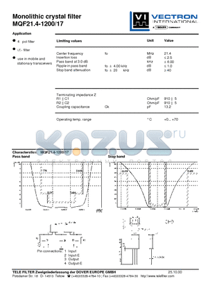 MQF21.4-1200-17 datasheet - Monolithic crystal filter