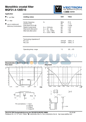 MQF21.4-1200-10 datasheet - Monolithic crystal filter