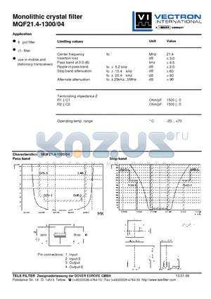 MQF21.4-1300-04 datasheet - Monolithic crystal filter