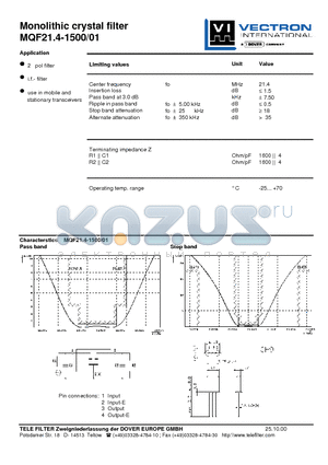 MQF21.4-1500-01 datasheet - Monolithic crystal filter