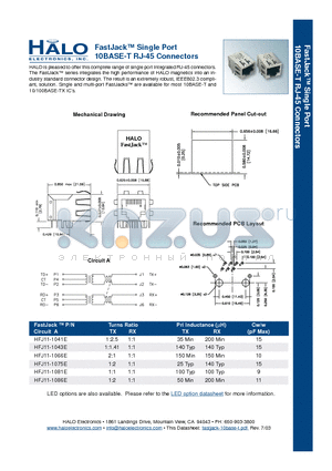 HFJ11-S101E datasheet - Single Port 10BASE-T RJ-45 Connectors
