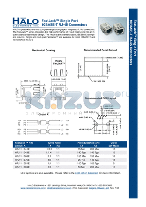 HFJ1X-1041E datasheet - Single Port 10BASE-T RJ-45 Connectors